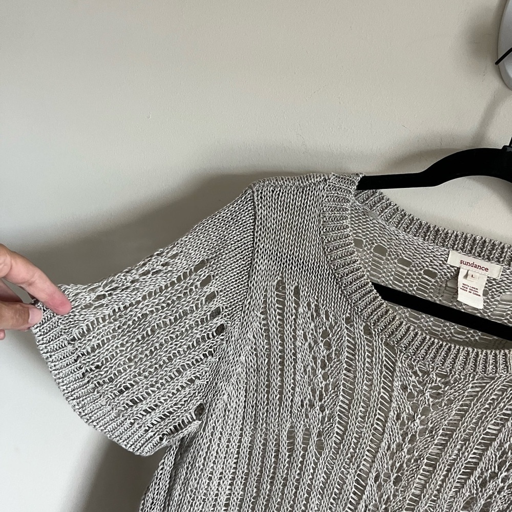 Sundance Light Gray Linen boho fun Backless Crochet Knit Top Womens sz Large GUC - Picture 3 of 15